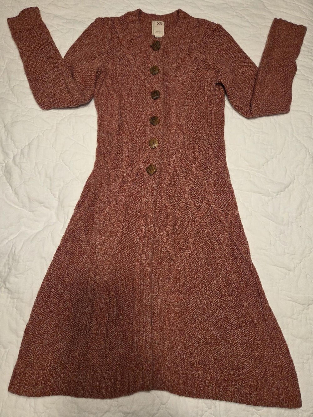 Anthropologie Far Away From Close Cable Knit Duster Cardigan XS Rust/Cream Wool